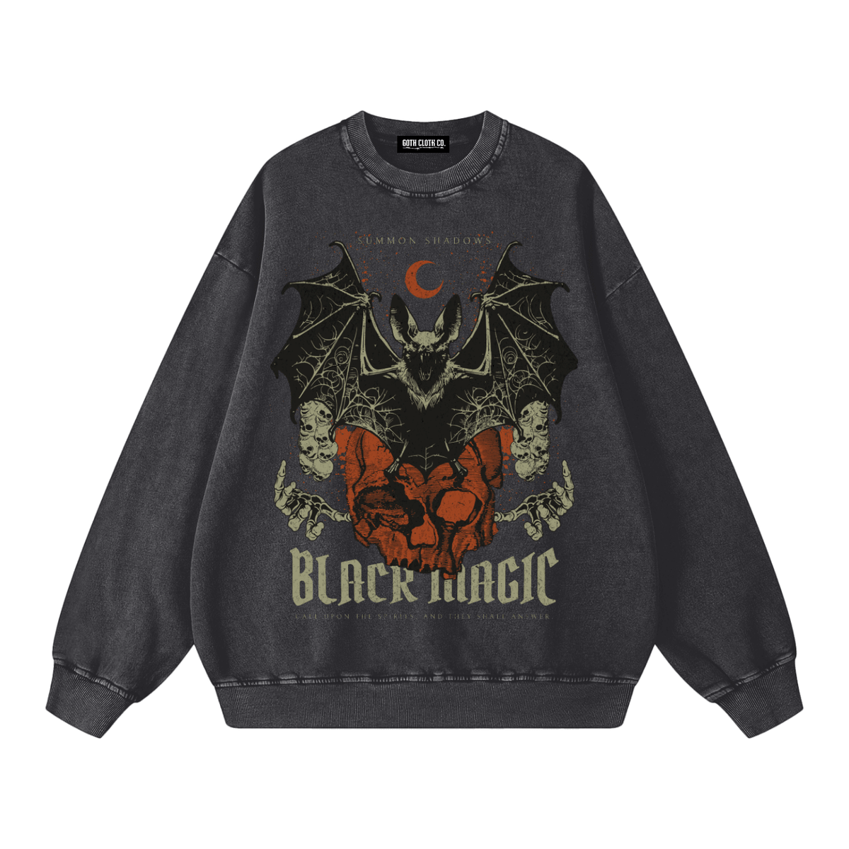 Black Magic Bat Acid Washed Sweatshirt - Goth Cloth Co.260916PODRA0620001