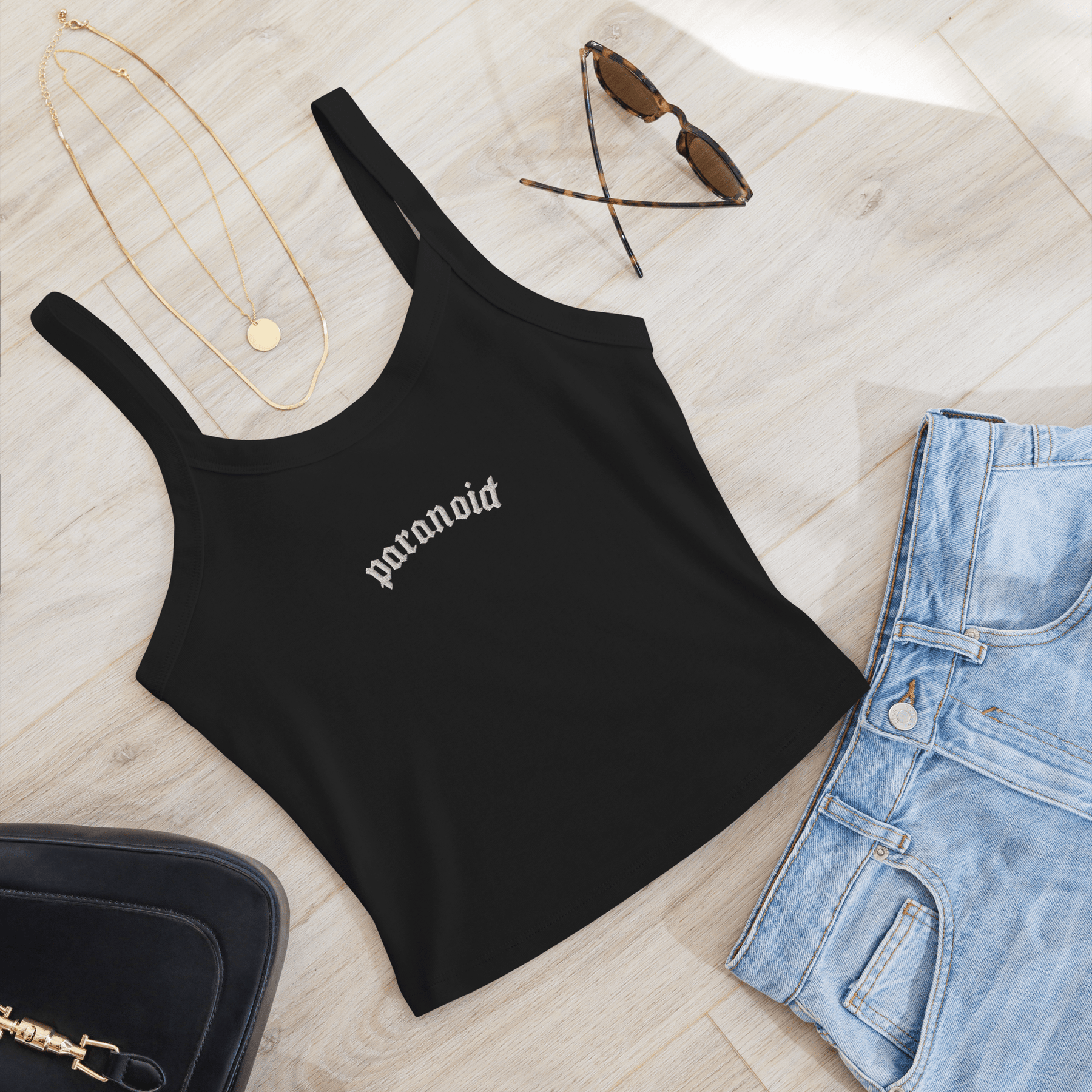 Paranoid Embroidered Ribbed Cropped Tank Top - Goth Cloth Co.8458250_20130