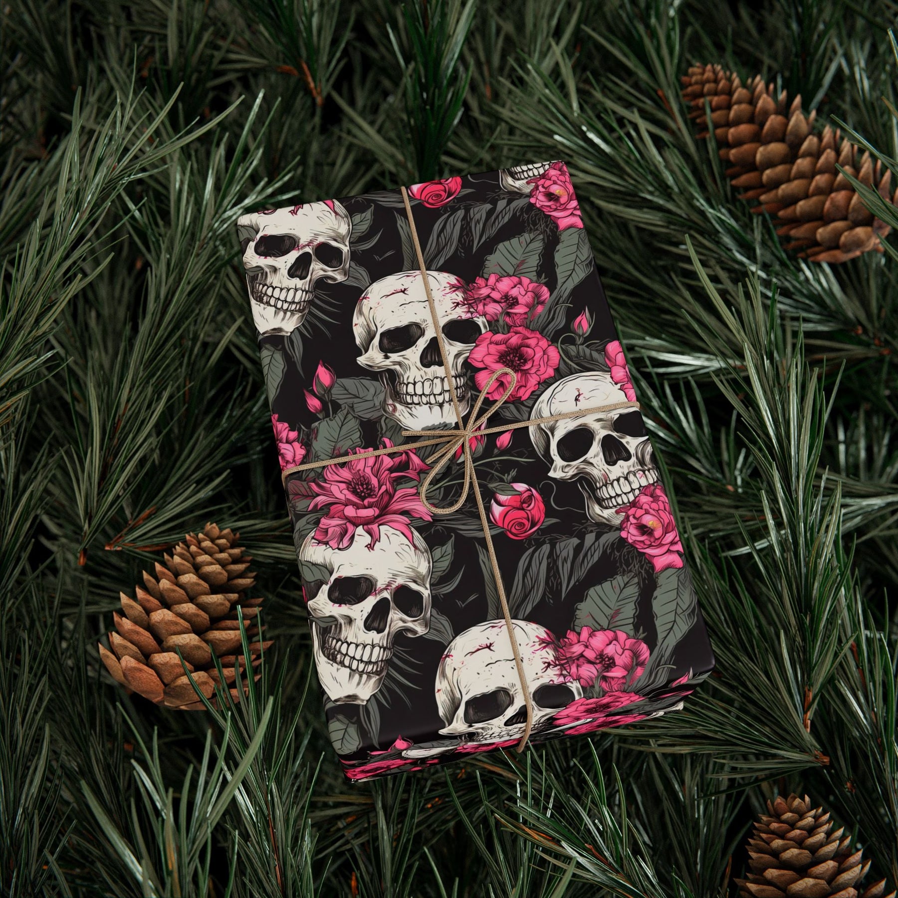 Pink Flowers and Skulls Gift Wrap - Goth Cloth Co.Home Decor25802296462209928532