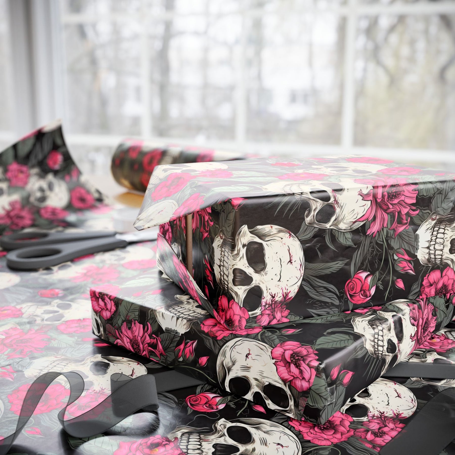 Pink Flowers and Skulls Gift Wrap - Goth Cloth Co.Home Decor25802296462209928532