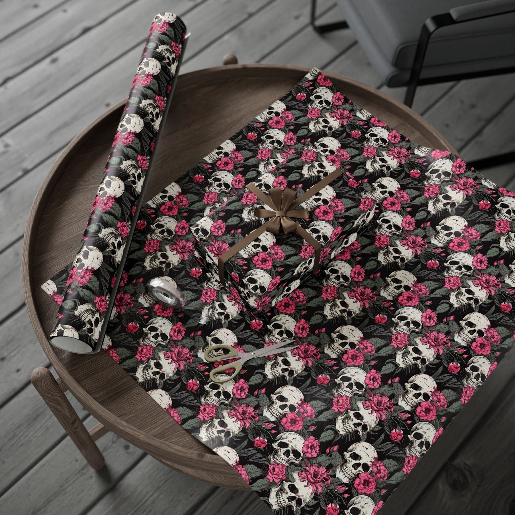 Pink Flowers and Skulls Gift Wrap - Goth Cloth Co.Home Decor25802296462209928532
