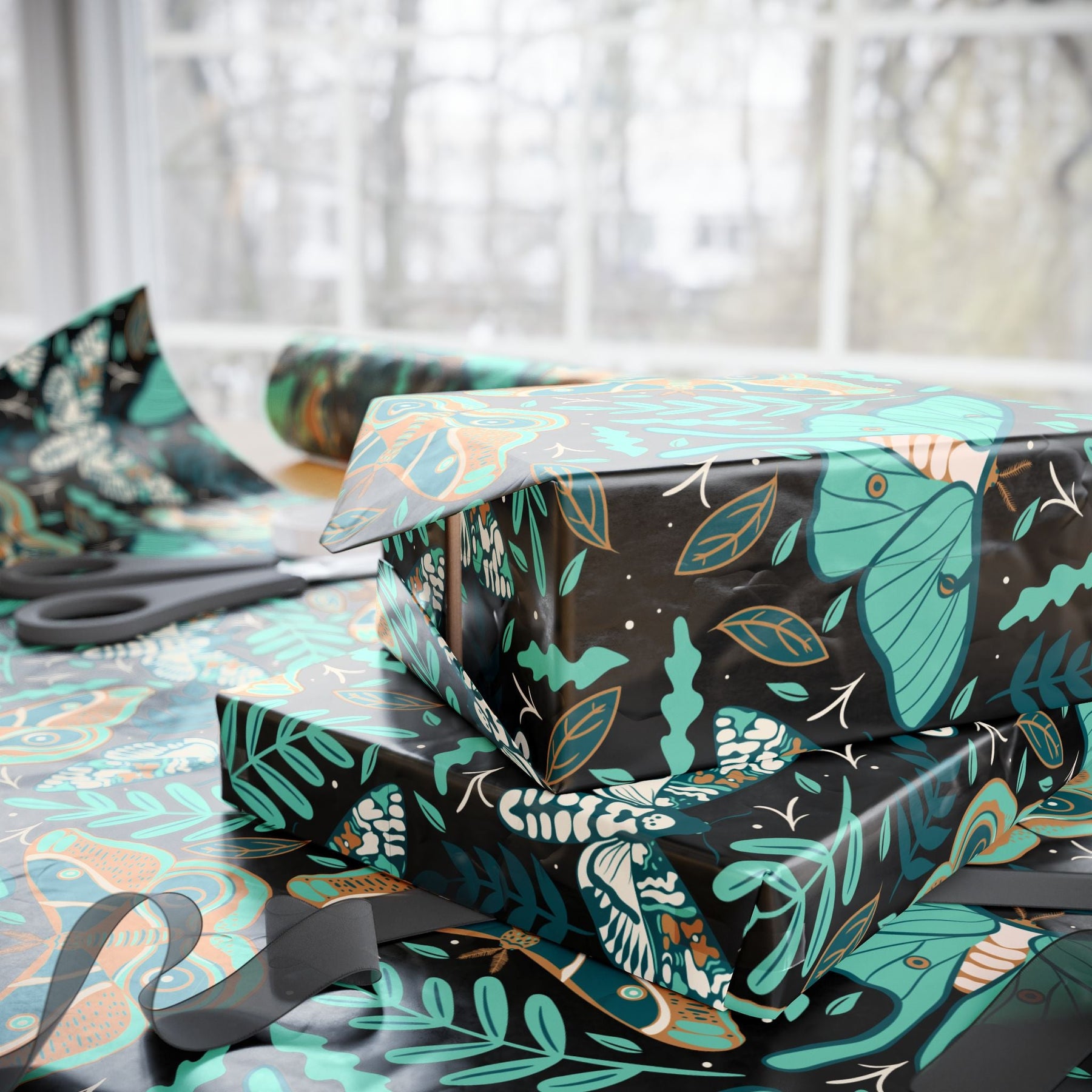 Teal Death Moth Spooky Gift Wrap - Goth Cloth Co.Home Decor14156410968326879203