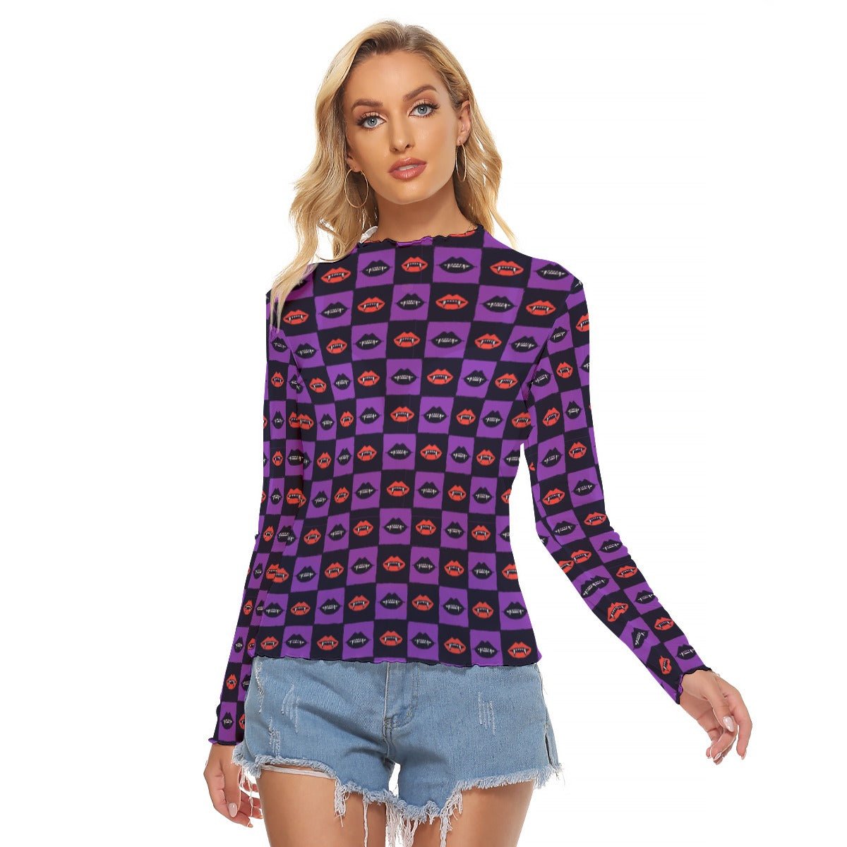 Bite Me Women's Long Sleeve Mesh Top - Goth Cloth Co.ADS-3WTXWC16-PFCV1-FFFFFF-XS