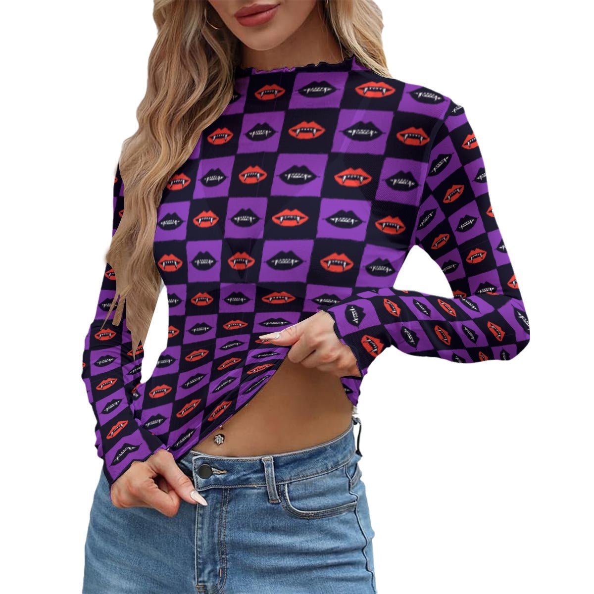 Bite Me Women's Long Sleeve Mesh Top - Goth Cloth Co.ADS-3WTXWC16-PFCV1-FFFFFF-XS