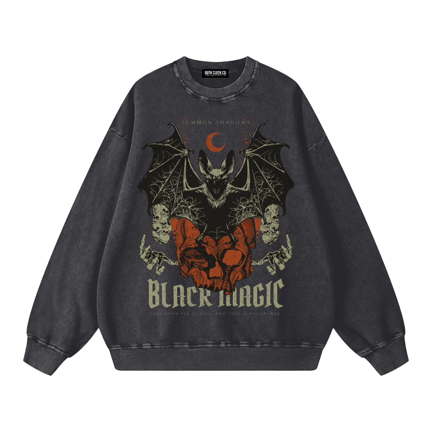 Black Magic Bat Acid Washed Sweatshirt - Goth Cloth Co.260916PODRA0620001
