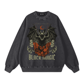 Black Magic Bat Acid Washed Sweatshirt - Goth Cloth Co.260916PODRA0620001