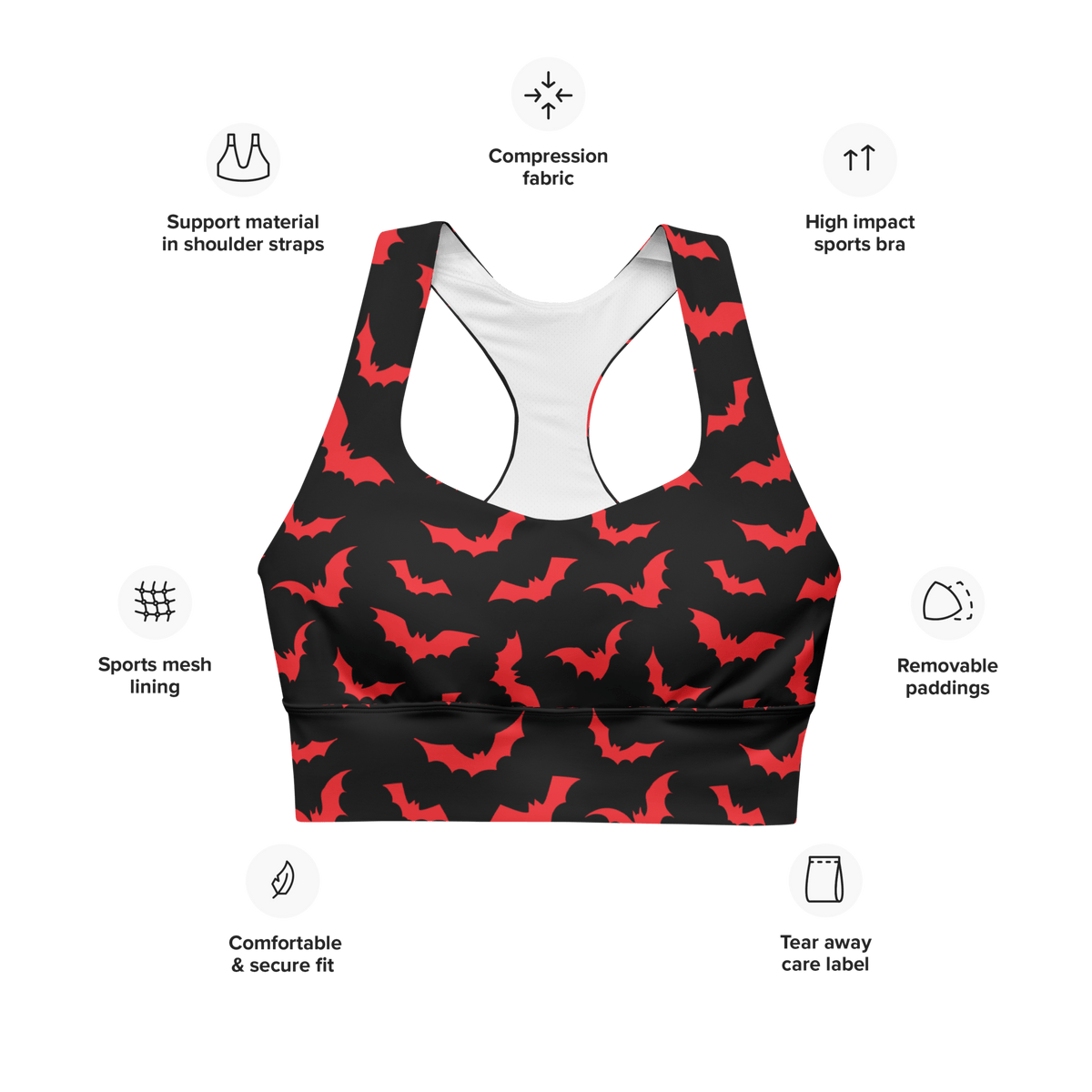 Blood Bats Recycled Longline Sports Bra - Goth Cloth Co.2105373_12290