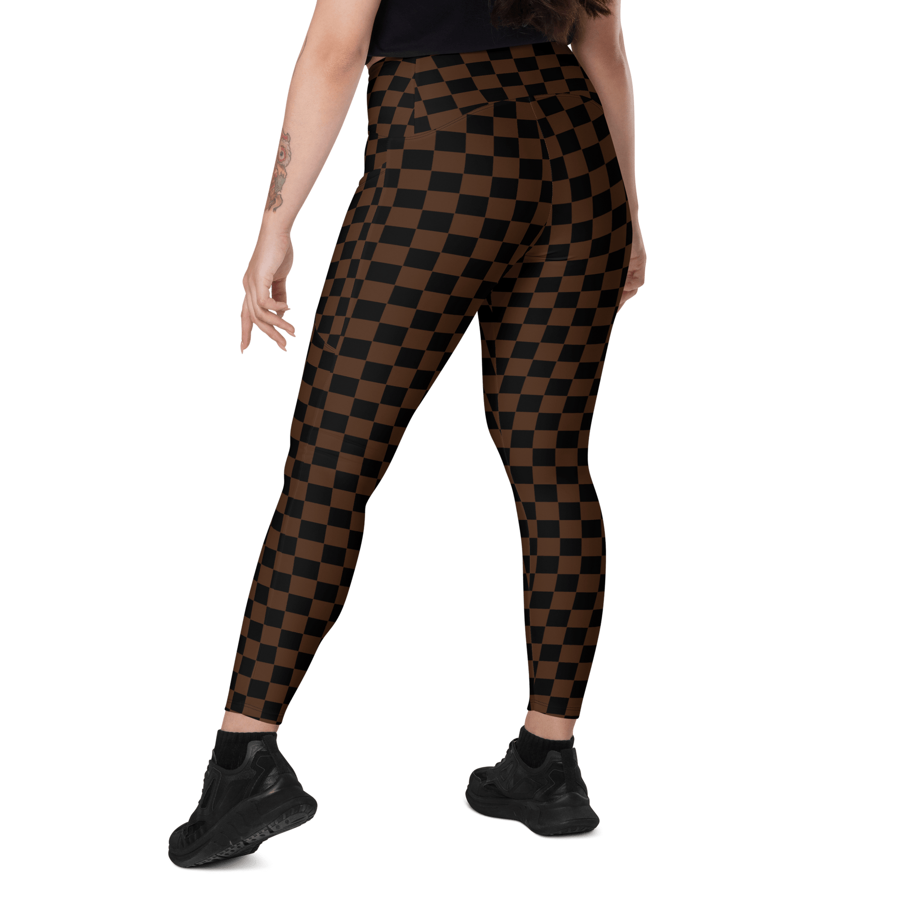 Brown Checkerboard Crossover Leggings with Pockets - Goth Cloth Co.6400268_14137