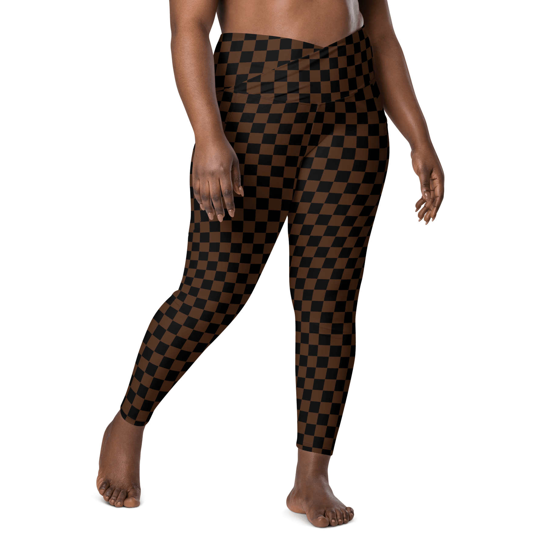 Brown Checkerboard Crossover Leggings with Pockets - Goth Cloth Co.6400268_14137