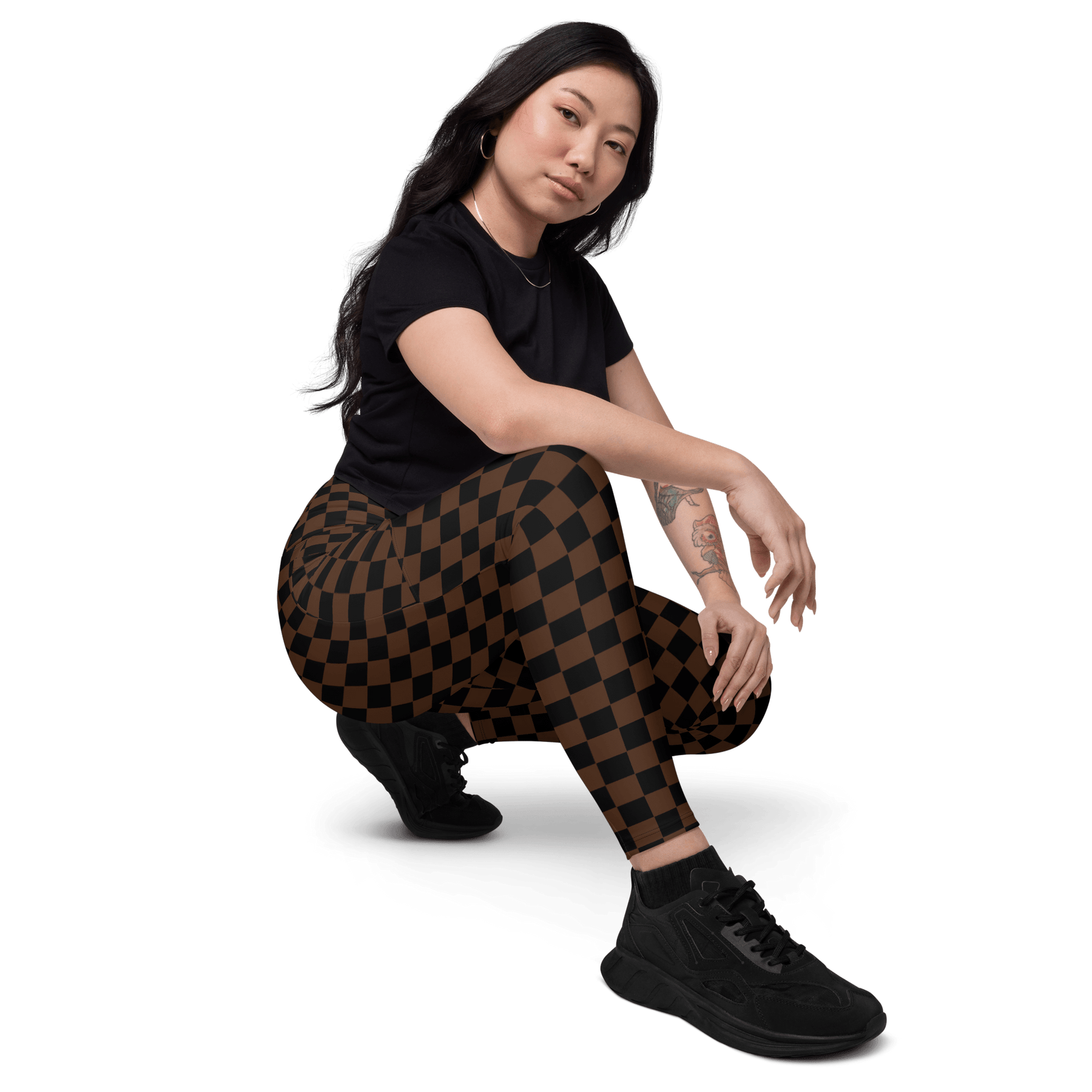 Brown Checkerboard Crossover Leggings with Pockets - Goth Cloth Co.6400268_14137