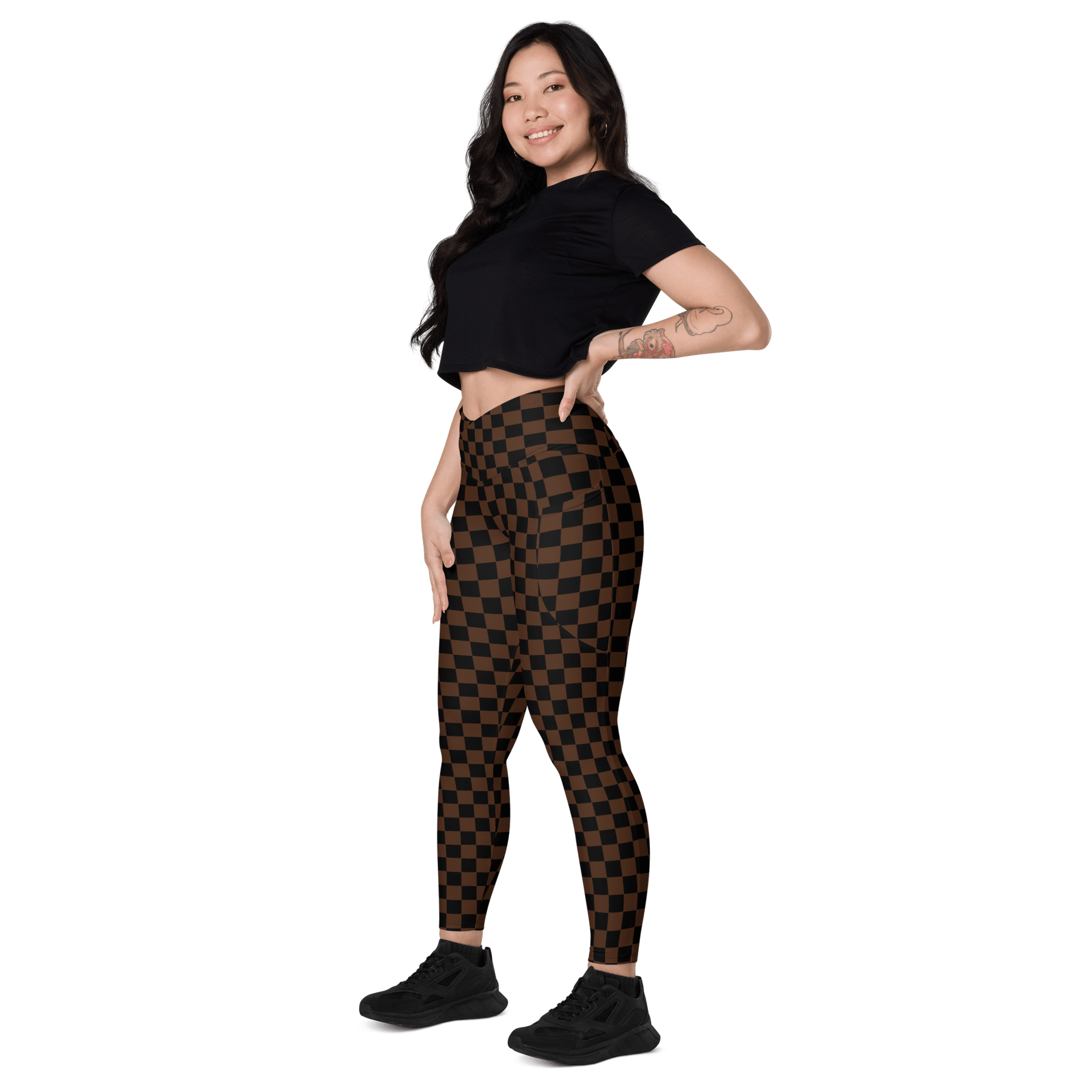 Brown Checkerboard Crossover Leggings with Pockets - Goth Cloth Co.6400268_14137