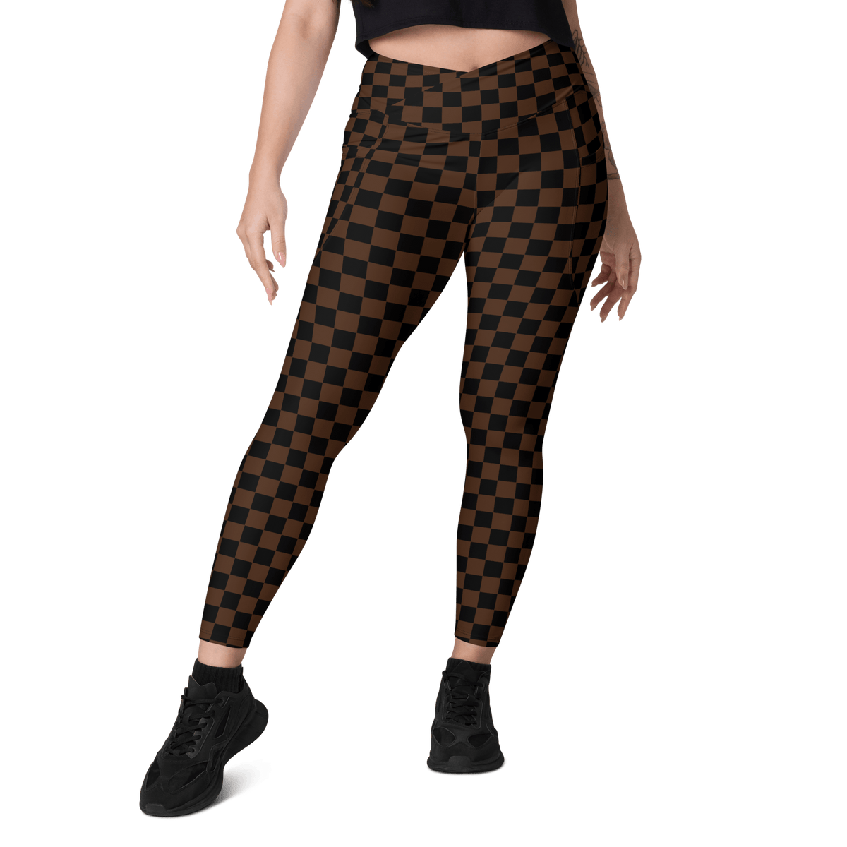 Brown Checkerboard Crossover Leggings with Pockets - Goth Cloth Co.6400268_14137