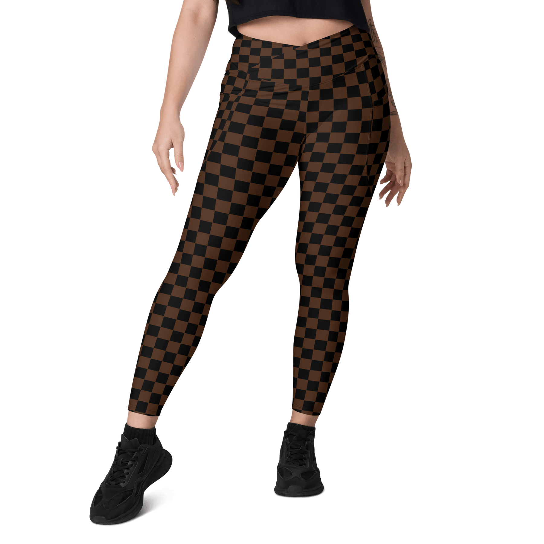 Brown Checkerboard Crossover Leggings with Pockets - Goth Cloth Co.6400268_14137