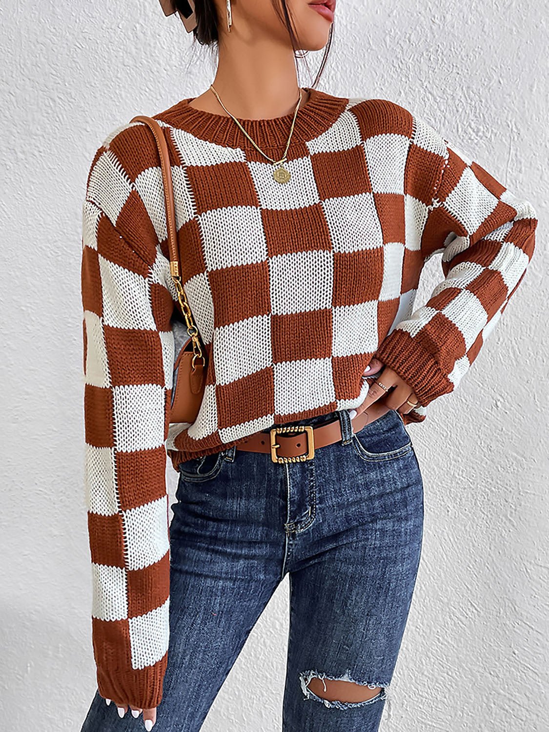 Checkered Round Neck Sweater - Goth Cloth Co.sweater100100207544483