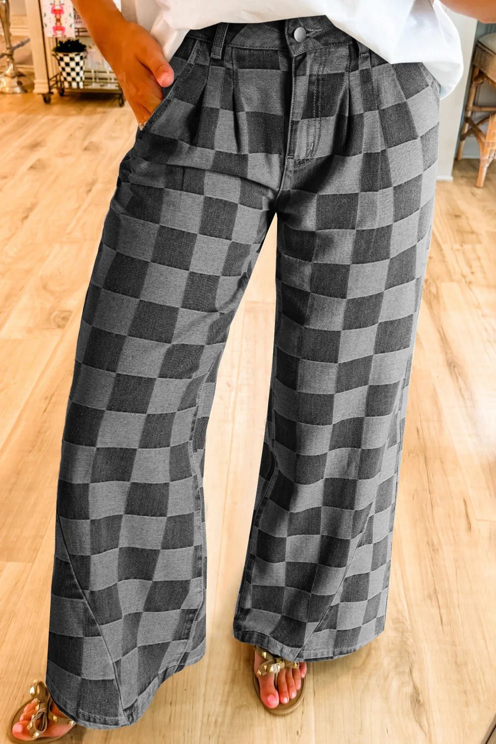 Checkered Wide Leg Jeans with Pockets - Goth Cloth Co.100100009001567