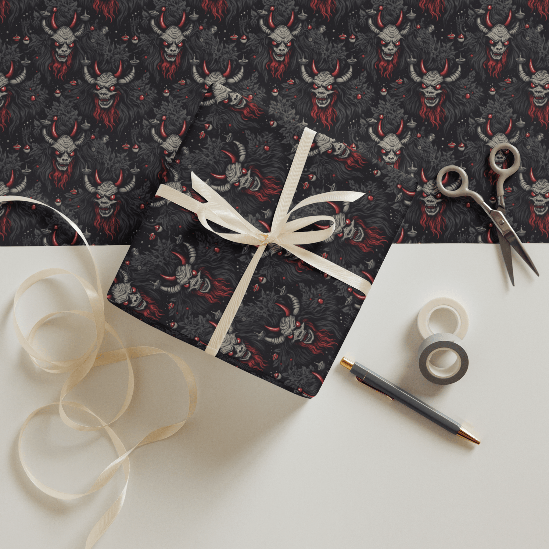 Creepy Cartoon Krampus Spooky Gift Wrap (3 Sheets) - Goth Cloth Co.1659105_17373