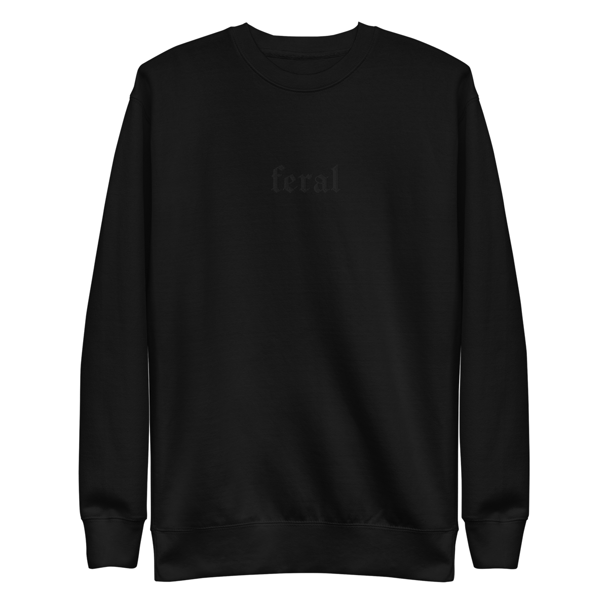 Unisex Halloween sweatshirt featuring "Feral" embroidered in a gothic font on the center chest by Goth Cloth Co. – perfect for spooky and gothic fashion.