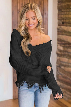 Frayed Hem Dropped Shoulder Sweater - Goth Cloth Co.sweater100100656542741