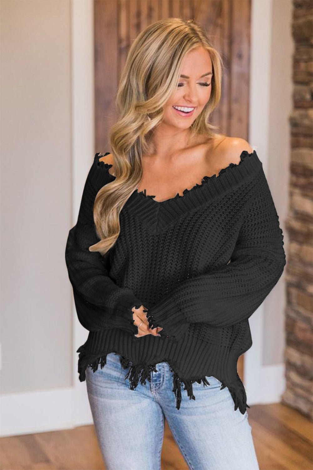 Frayed Hem Dropped Shoulder Sweater - Goth Cloth Co.sweater100100656542741