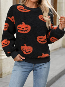 Fuzzy Pumpkin Round Neck Dropped Shoulder Sweater - Goth Cloth Co.sweater100100215564109