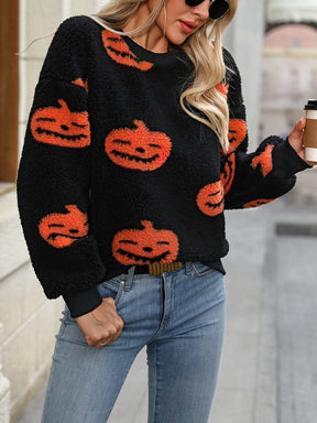 Fuzzy Pumpkin Round Neck Dropped Shoulder Sweater - Goth Cloth Co.sweater100100215564109