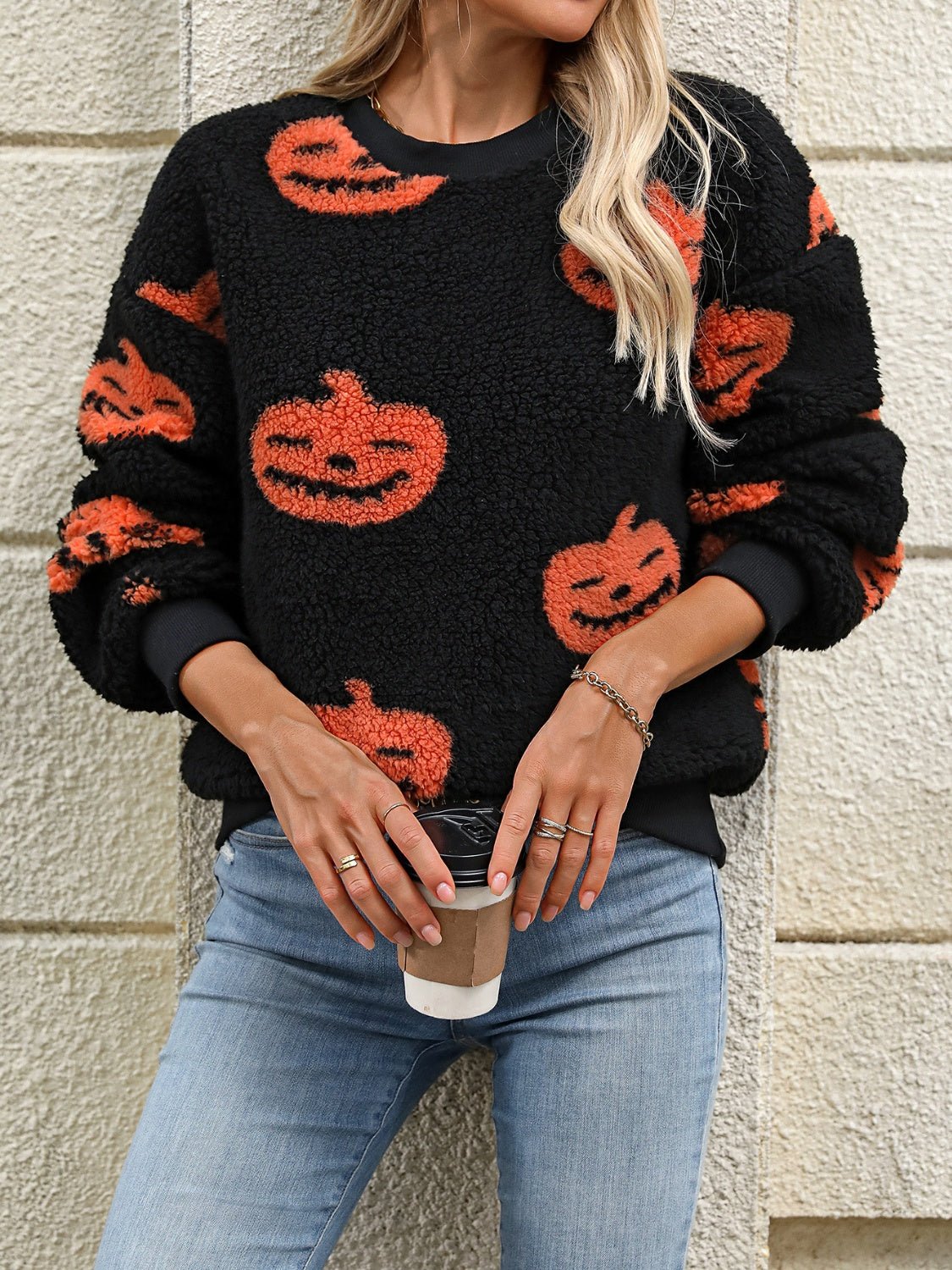 Fuzzy Pumpkin Round Neck Dropped Shoulder Sweater - Goth Cloth Co.sweater100100215564109