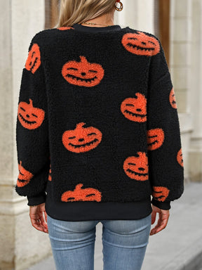 Fuzzy Pumpkin Round Neck Dropped Shoulder Sweater - Goth Cloth Co.sweater100100215564109