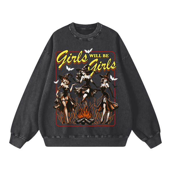 Girls Will Be Girls Vintage Witches Acid Washed Oversized Sweatshirt - Goth Cloth Co.260812PODRA0465001