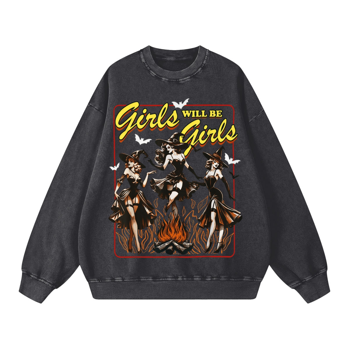 Girls Will Be Girls Vintage Witches Acid Washed Oversized Sweatshirt - Goth Cloth Co.260812PODRA0465001