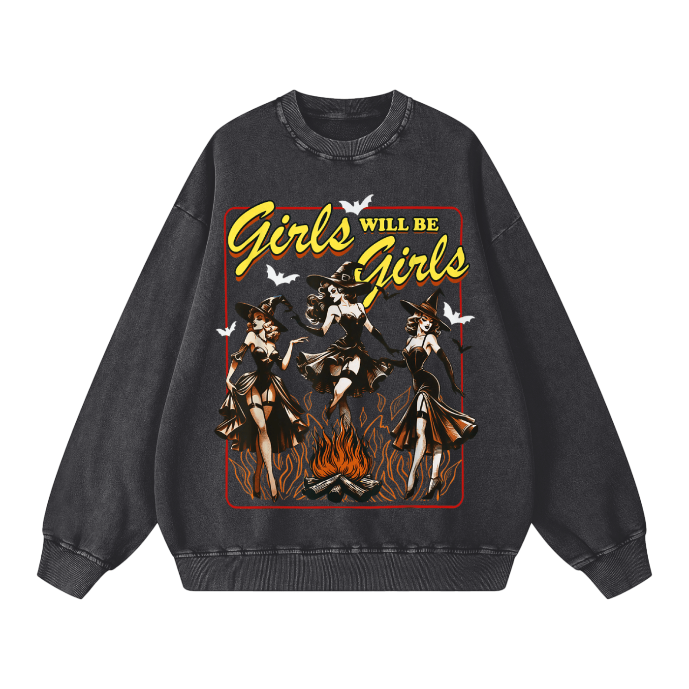 Girls Will Be Girls Vintage Witches Acid Washed Oversized Sweatshirt - Goth Cloth Co.260812PODRA0465001