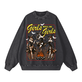 Girls Will Be Girls Vintage Witches Acid Washed Oversized Sweatshirt - Goth Cloth Co.260812PODRA0465001