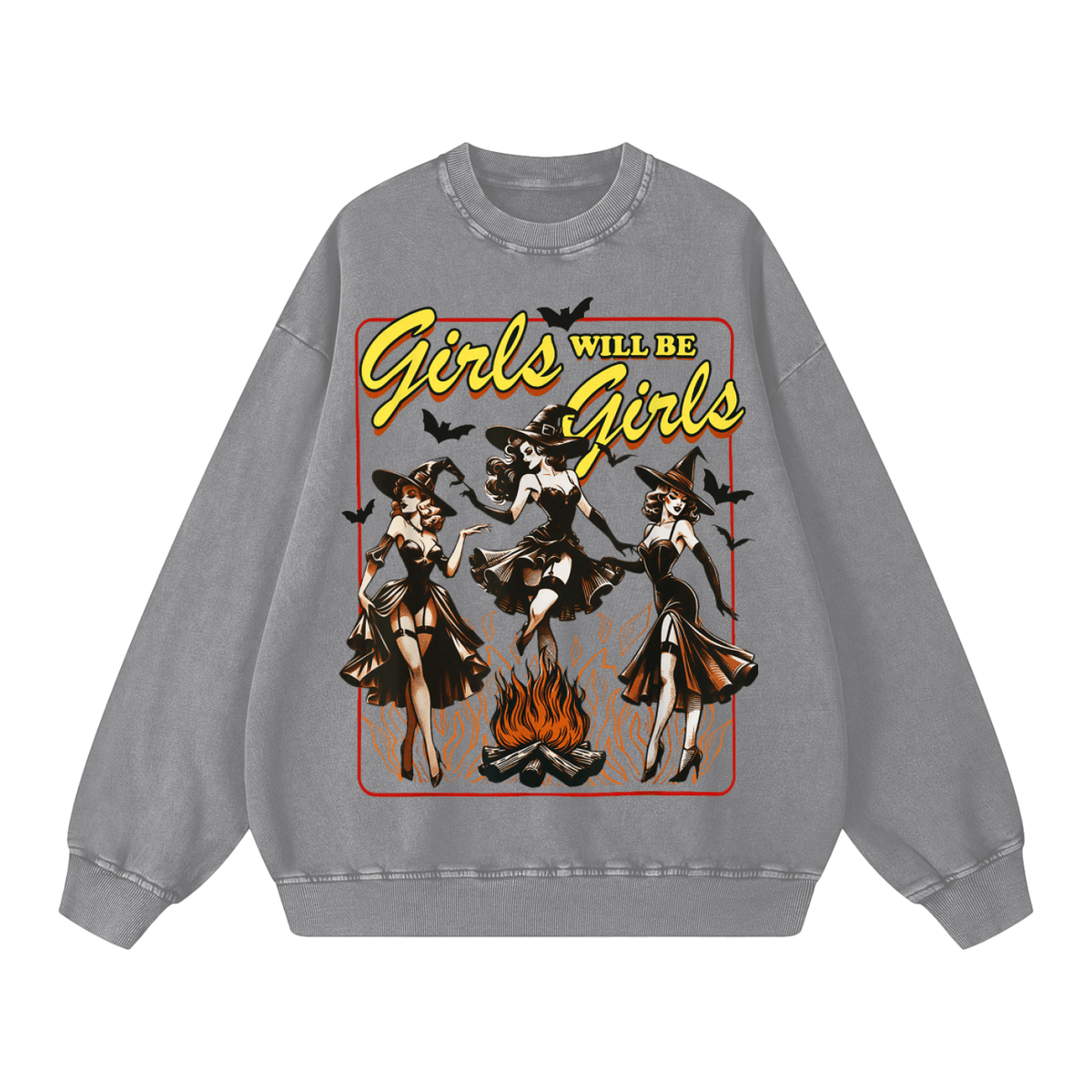 Girls Will Be Girls Vintage Witches Acid Washed Oversized Sweatshirt - Goth Cloth Co.260812PODRA0467001