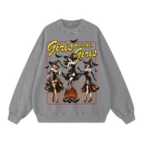 Girls Will Be Girls Vintage Witches Acid Washed Oversized Sweatshirt - Goth Cloth Co.260812PODRA0467001