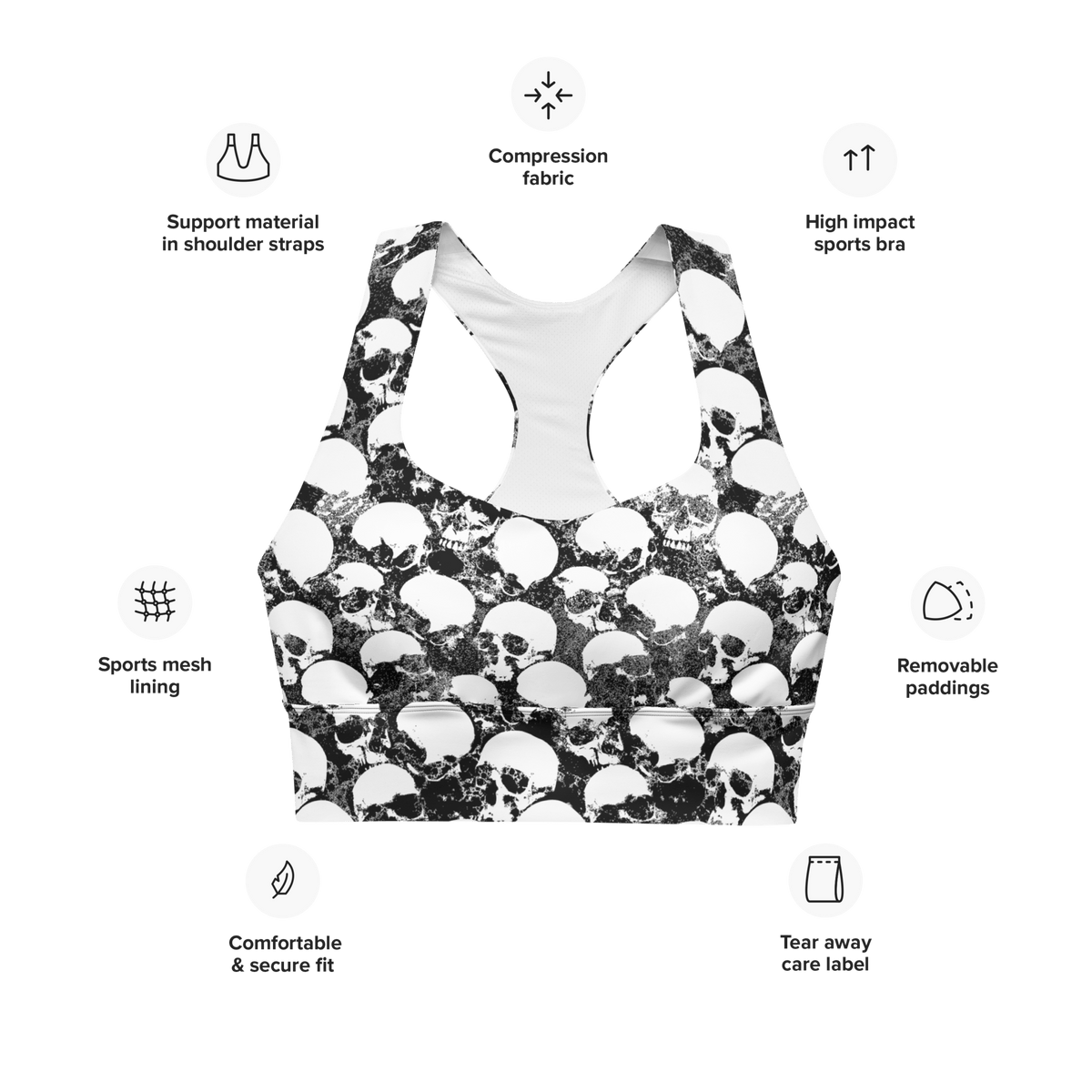 Grunge Skull Longline Sports Bra - Goth Cloth Co.1271021_12290