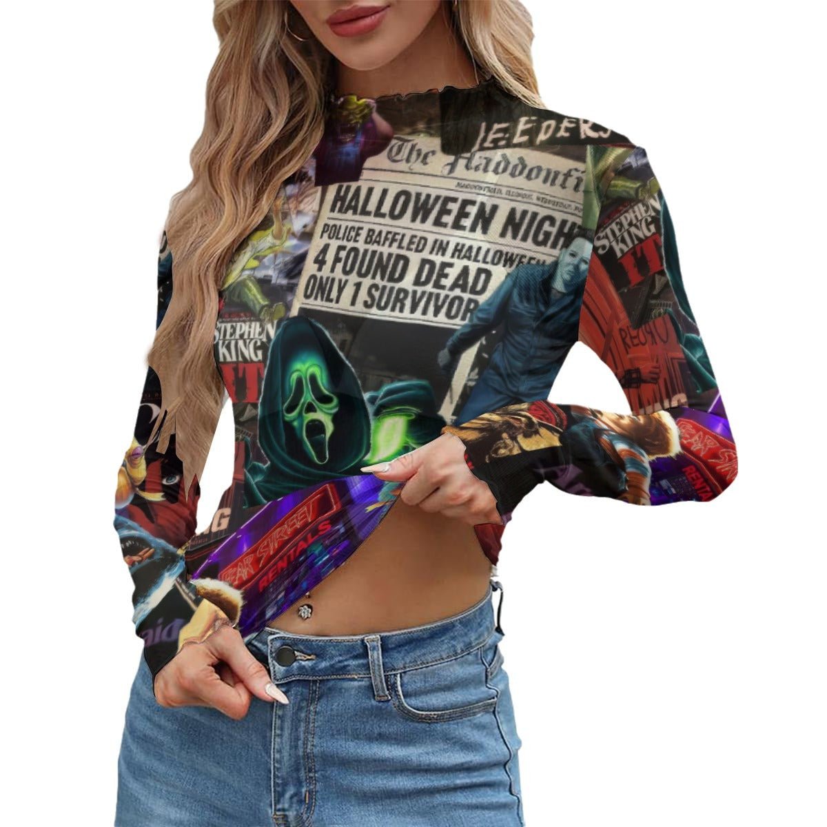 Hollywood Horrors Women's Long Sleeve Mesh Top - Goth Cloth Co.ADS-3WTXWC16-PFCWQ-FFFFFF-XS