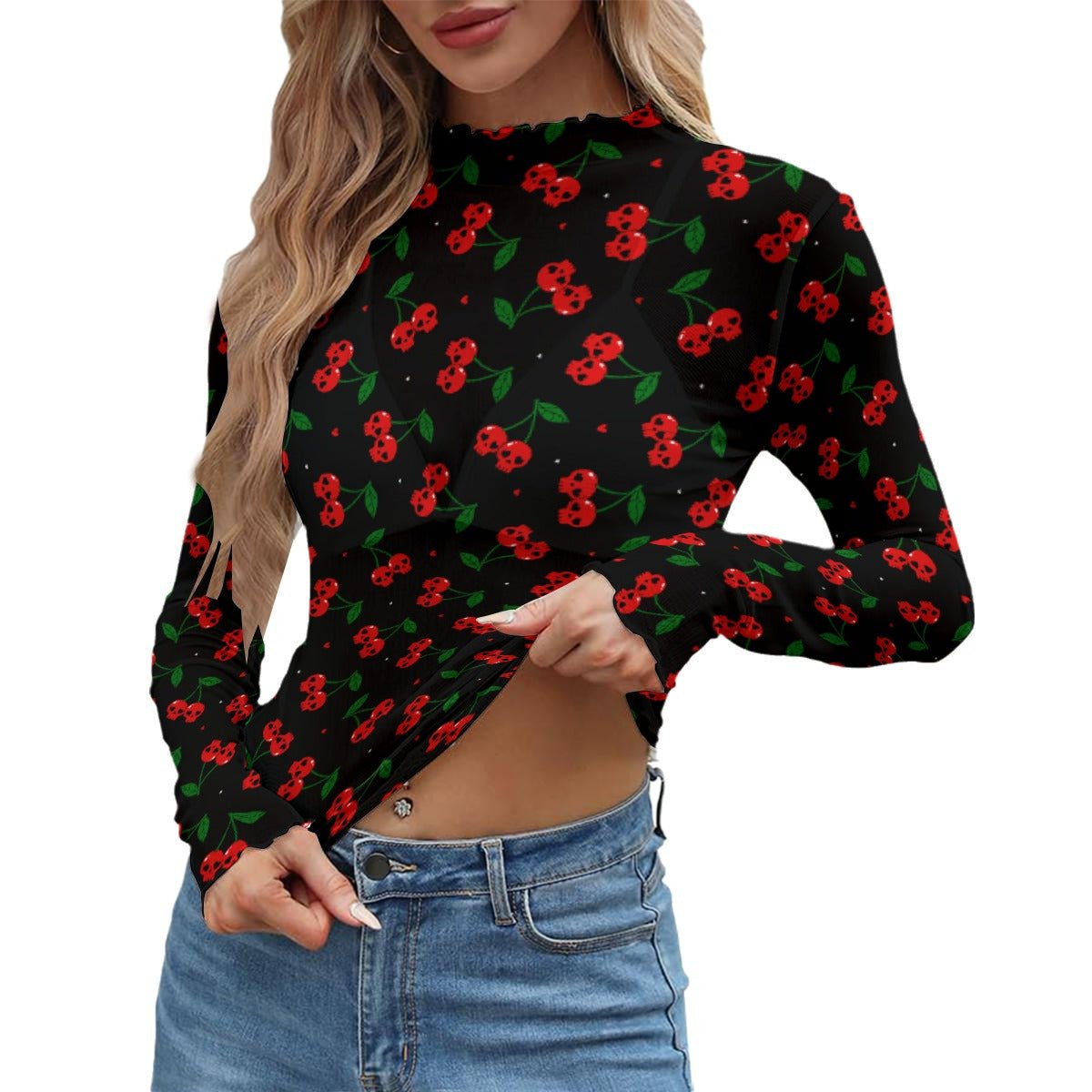 Killer Cherries Women's Long Sleeve Mesh Top - Goth Cloth Co.ADS-3WTXWC16-PFCWV-FFFFFF-XS