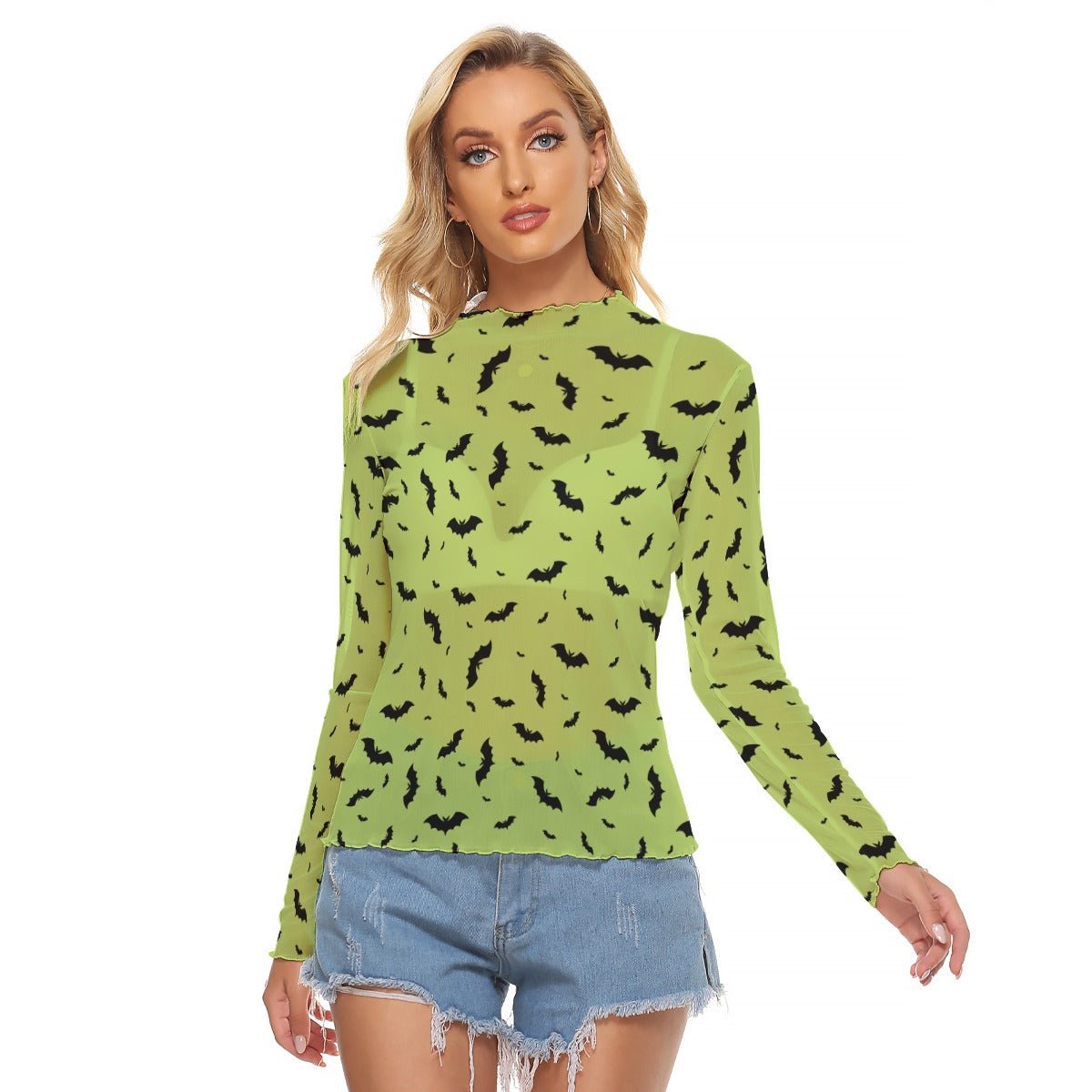 Lime Green Bat Print Long Sleeve Mesh Shirt - Goth Cloth Co.ADS - 3WTXWC16 - BGLWX - FFFFFF - XS