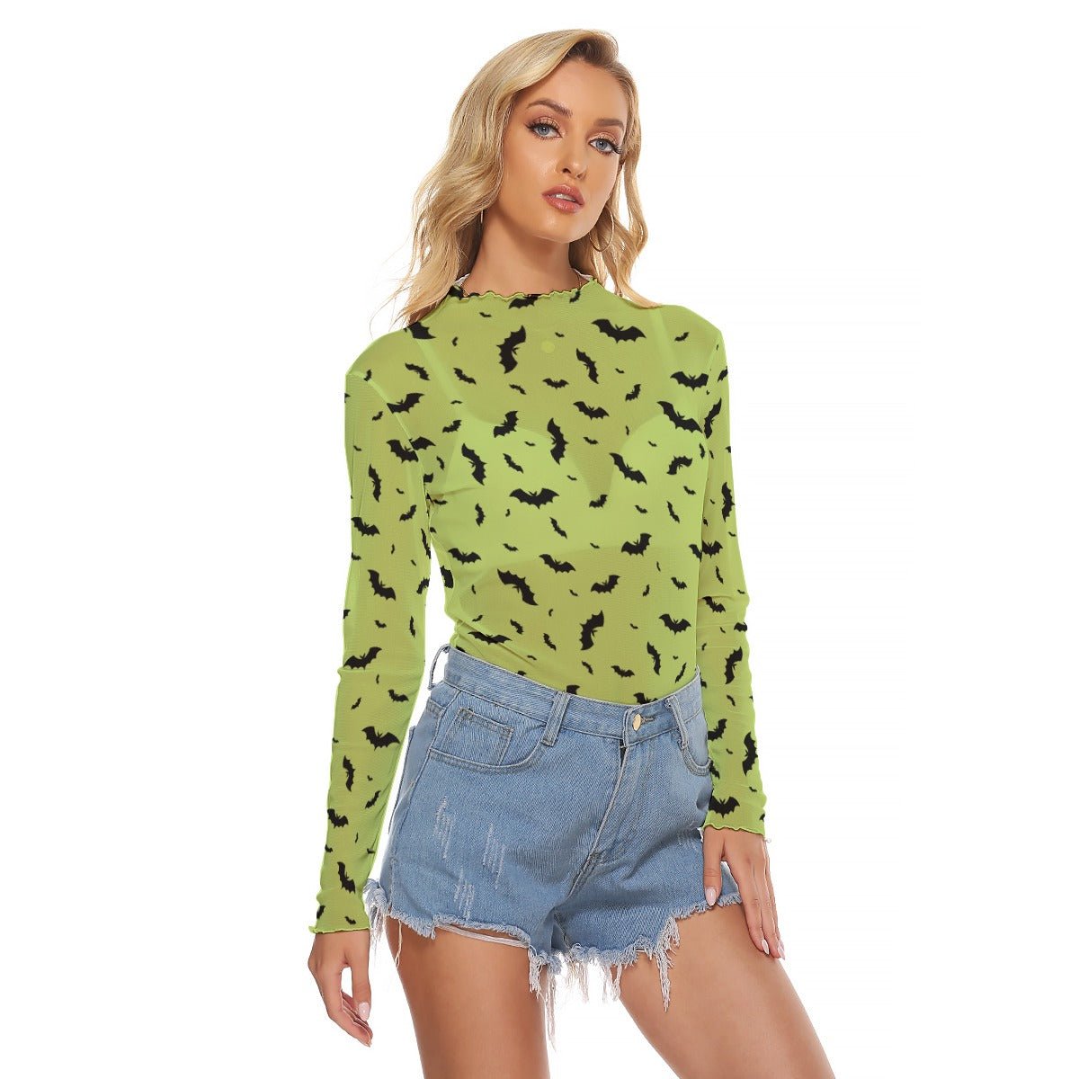 Lime Green Bat Print Long Sleeve Mesh Shirt - Goth Cloth Co.ADS - 3WTXWC16 - BGLWX - FFFFFF - XS