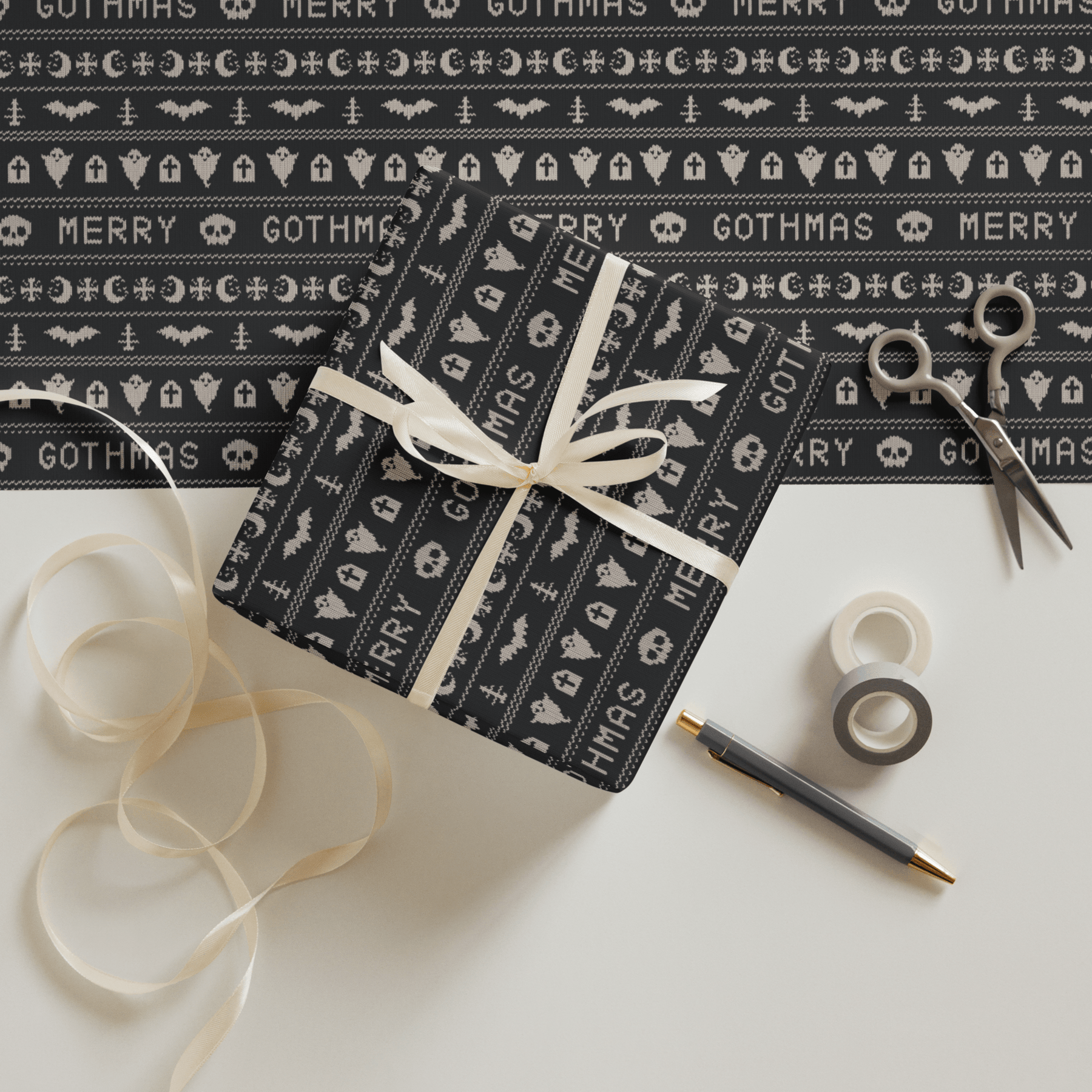 Merry Gothmas Black Spooky Gift Wrap (3 Sheets) - Goth Cloth Co.1670292_17373