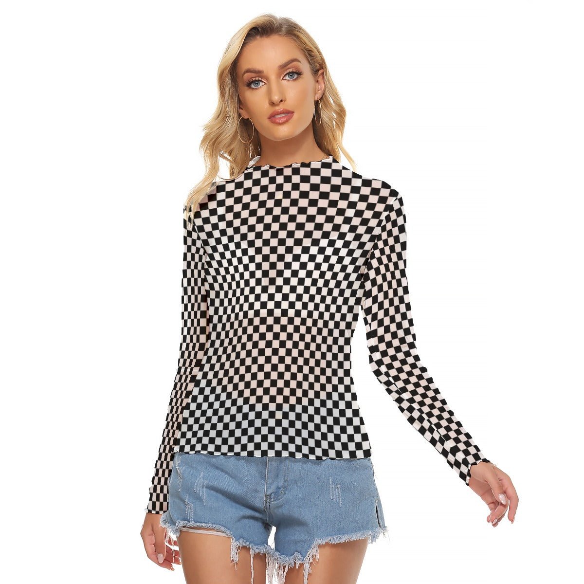 OG Checkered Women's Long Sleeve Mesh Top - Goth Cloth Co.ADS-3WTXWC16-PFCWT-FFFFFF-6XL