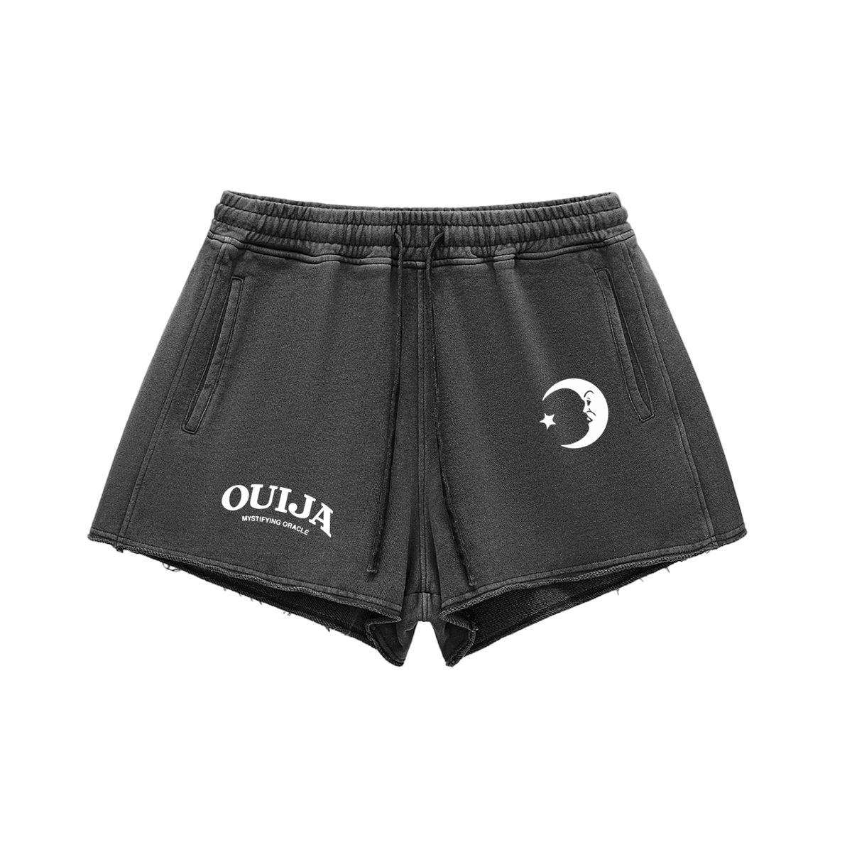 Ouija Snow Washed Raw Edge Drawstring Shorts (READY TO SHIP) - Goth Cloth Co.