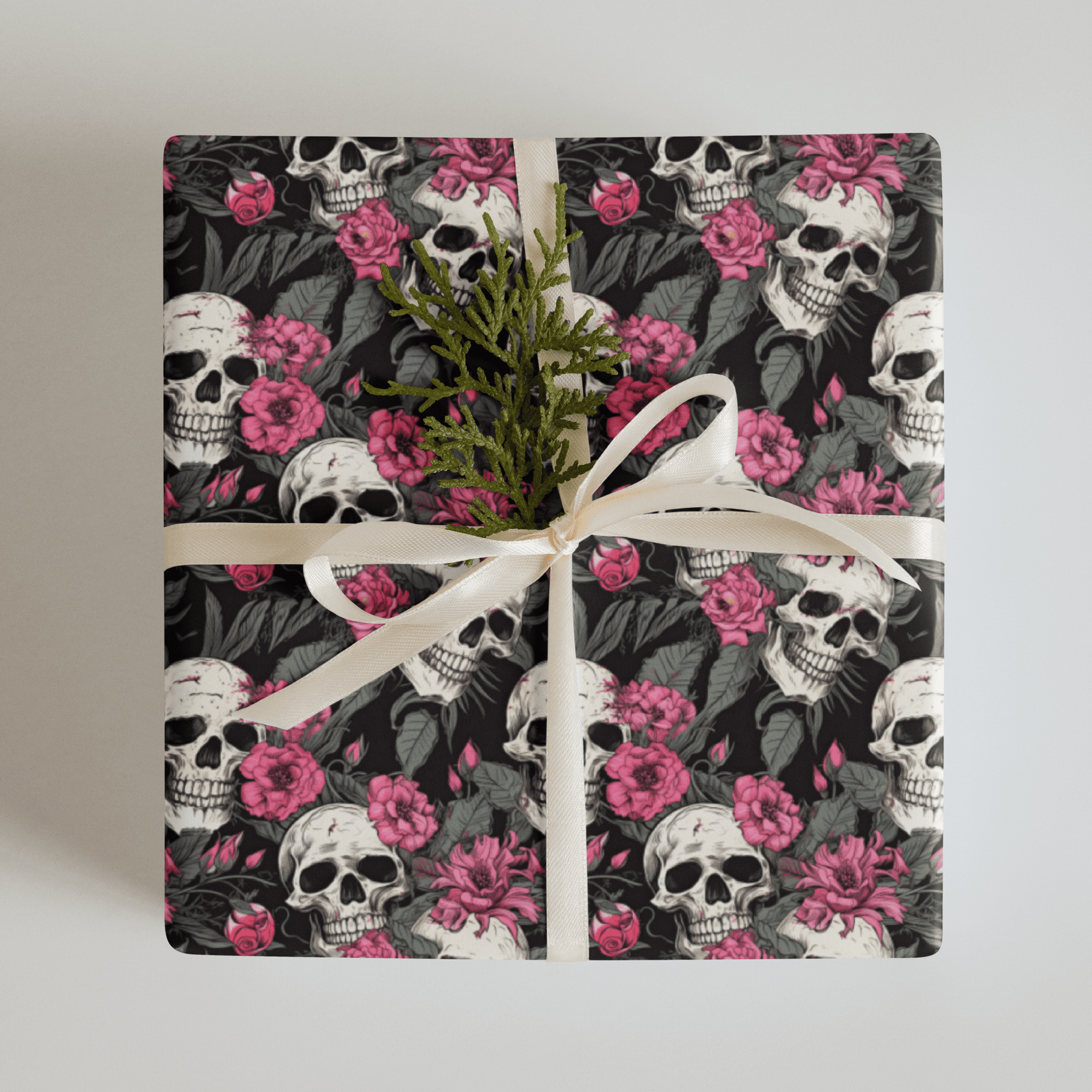 Pink Flowers and Skulls Gift Wrap (3 Sheets) - Goth Cloth Co.1381548_17373