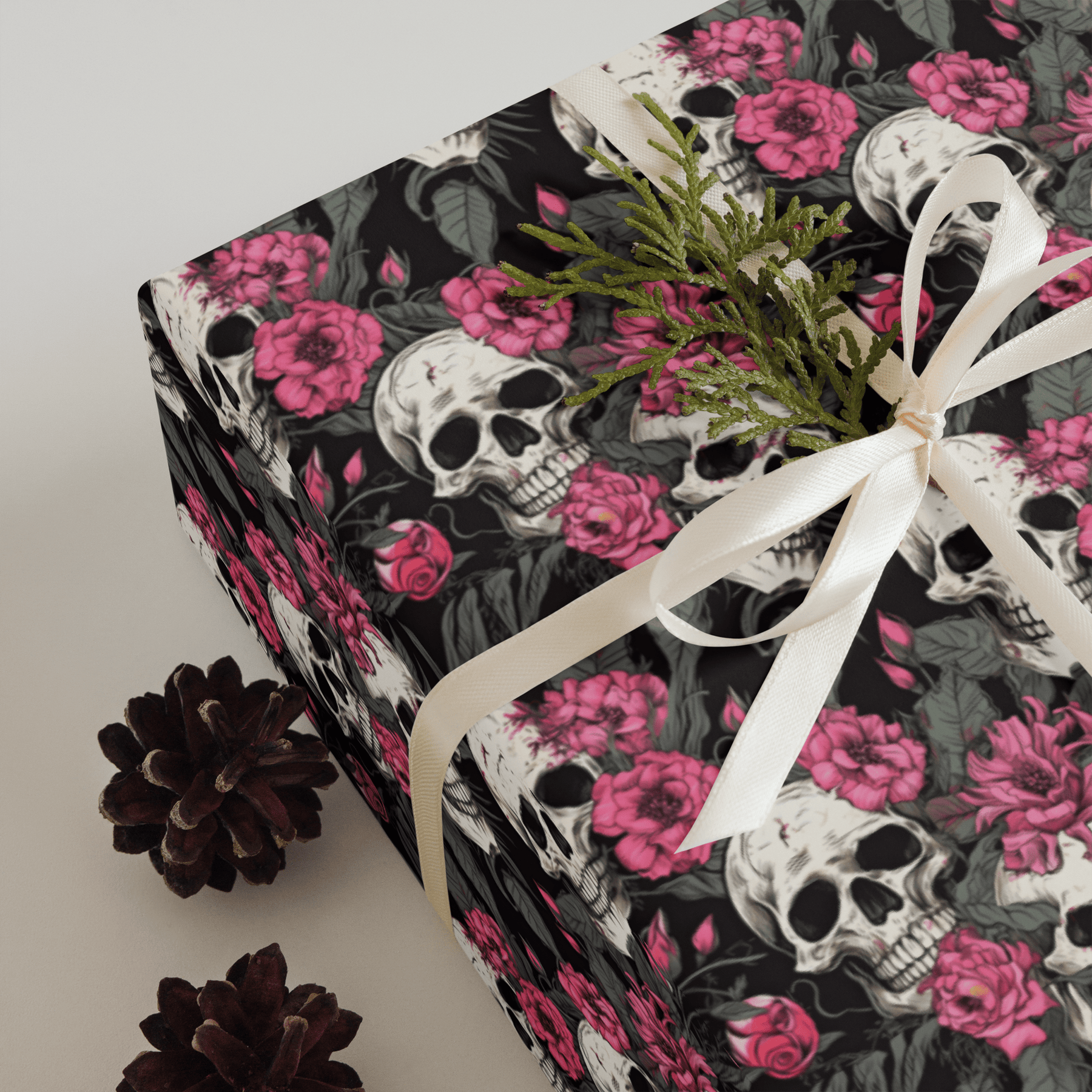 Pink Flowers and Skulls Gift Wrap (3 Sheets) - Goth Cloth Co.1381548_17373