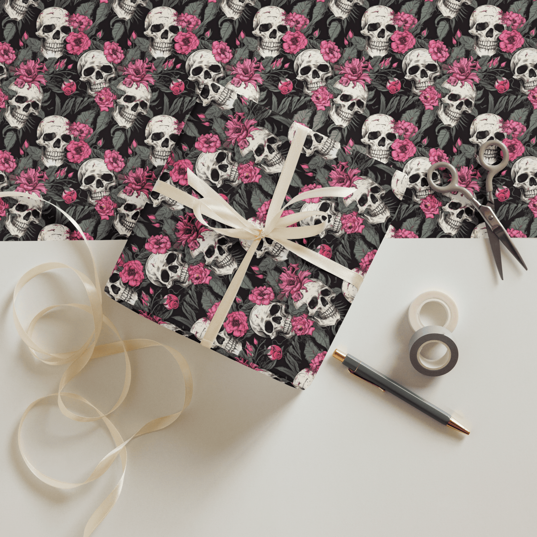 Pink Flowers and Skulls Gift Wrap (3 Sheets) - Goth Cloth Co.1381548_17373