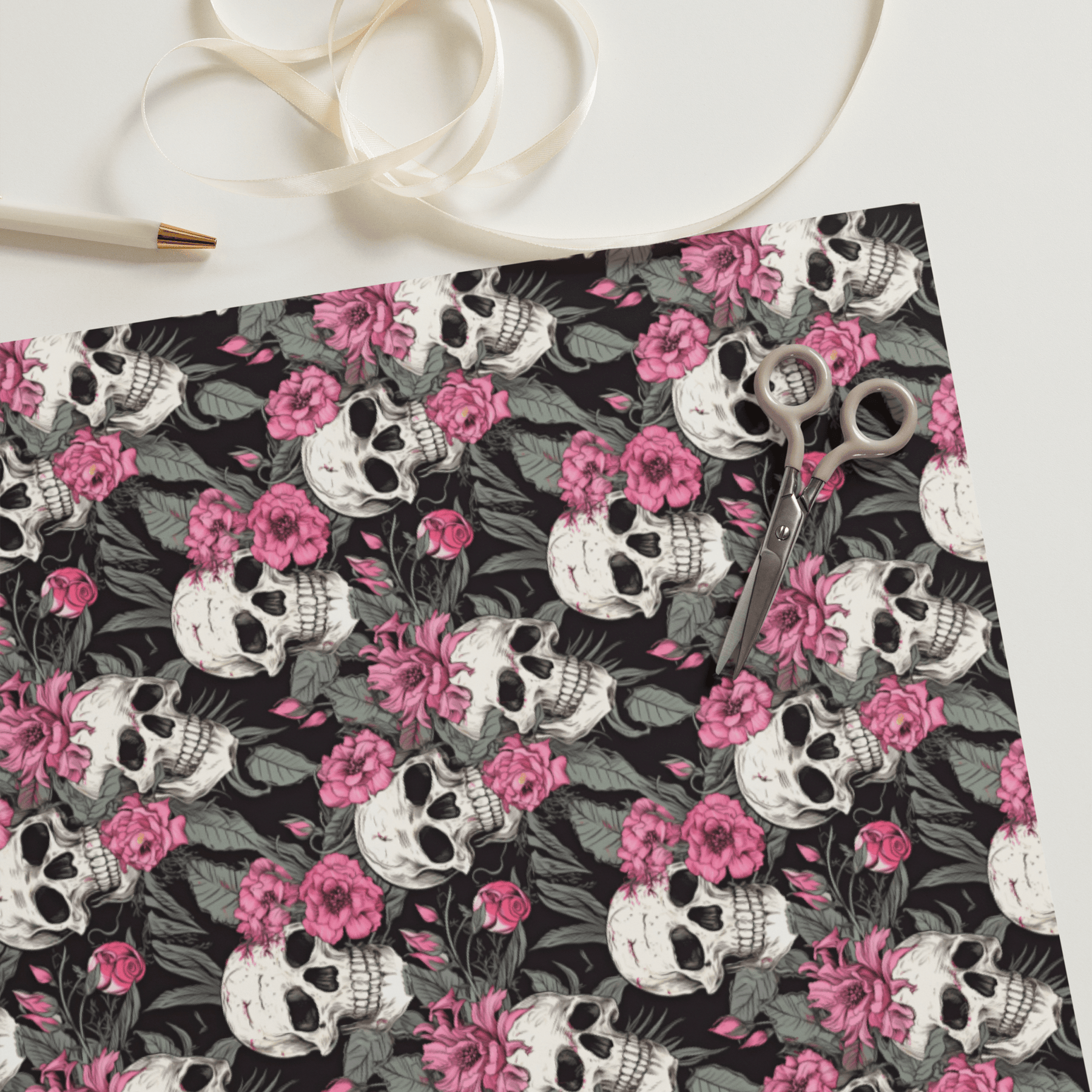 Pink Flowers and Skulls Gift Wrap (3 Sheets) - Goth Cloth Co.1381548_17373