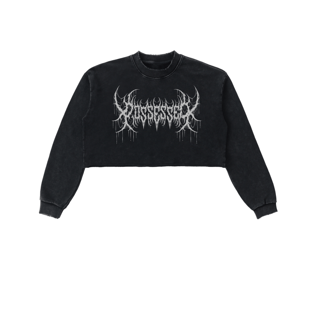 Possessed Metal Font Snow Washed Crop Sweatshirt (READY TO SHIP) - Goth Cloth Co.