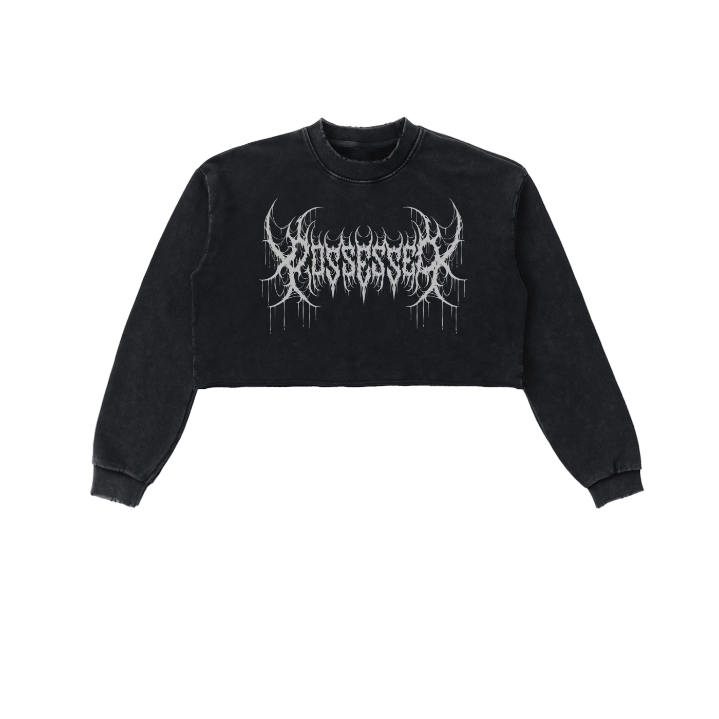 Possessed Metal Font Snow Washed Crop Sweatshirt (READY TO SHIP) - Goth Cloth Co.