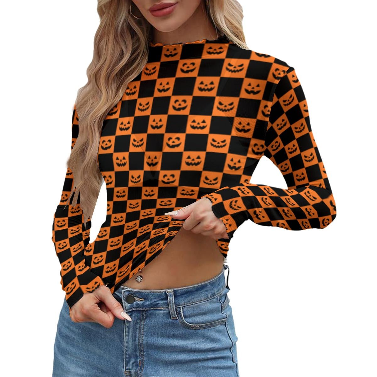 Pumpkin Panic Women's Long Sleeve Mesh Top - Goth Cloth Co.ADS-3WTXWC16-PFCWP-FFFFFF-XS