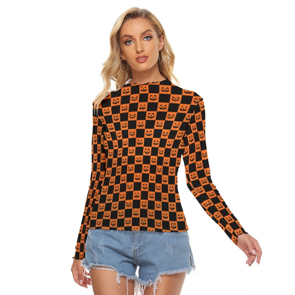 Pumpkin Panic Women's Long Sleeve Mesh Top - Goth Cloth Co.ADS-3WTXWC16-PFCWP-FFFFFF-XS