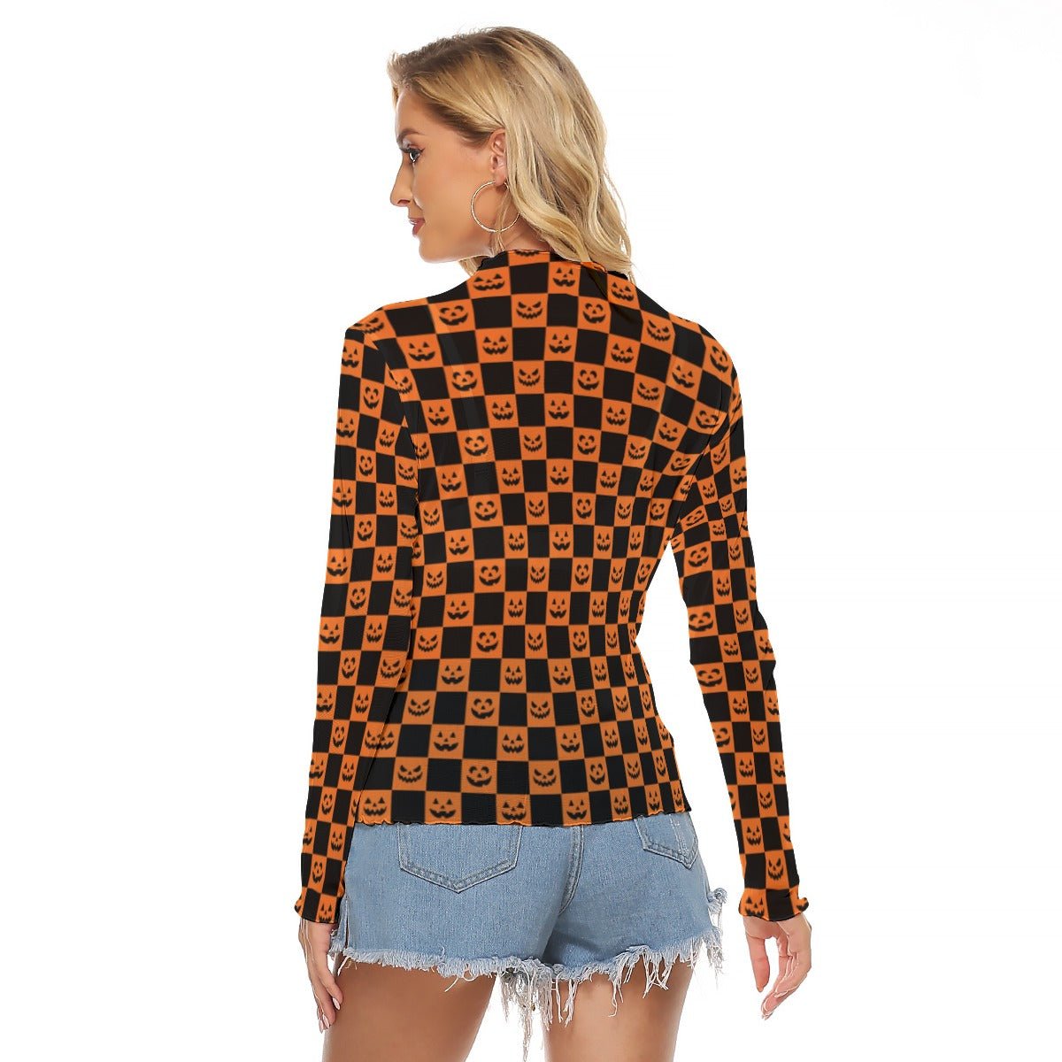 Pumpkin Panic Women's Long Sleeve Mesh Top - Goth Cloth Co.ADS-3WTXWC16-PFCWP-FFFFFF-XS